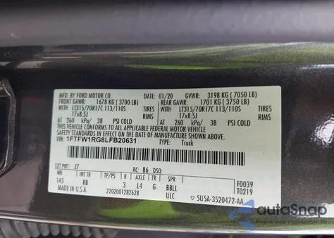 2020 Ford F-150 Raptor from USA, damaged, VIN 1FTFW1RG8LFB20631